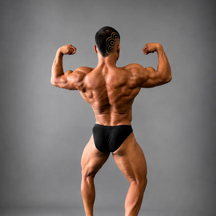 Cris Coach pose de doble biceps de espalda, sesion de estudio